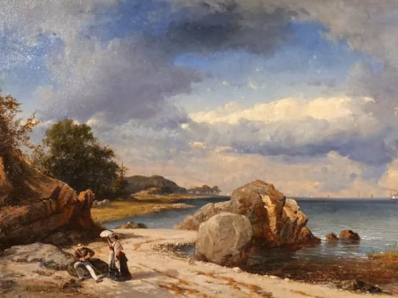 1839-Arthur Quartley - Paesaggio in riva al mare, con due figure in primo piano